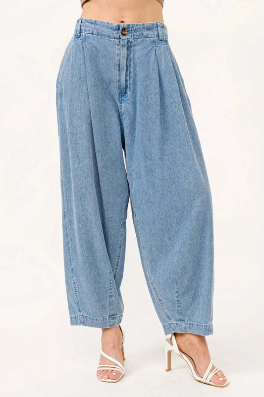 And The Why Elastic Back Pleated Baggy Jeans-Nodext Fashion