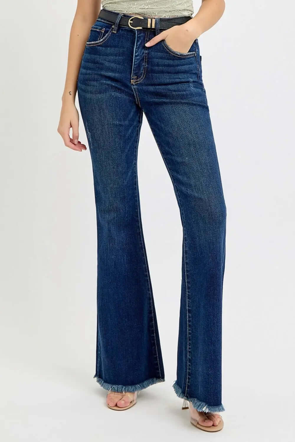 RISEN Tummy Control Frayed Hem Flare Jeans-Nodext Fashion