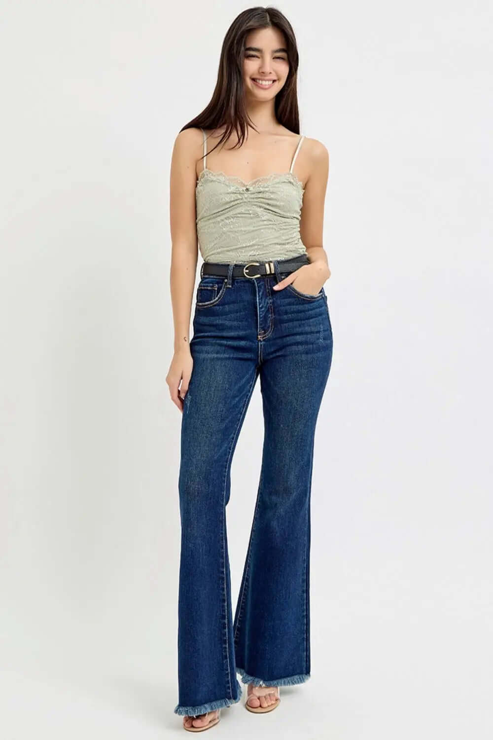 RISEN Tummy Control Frayed Hem Flare Jeans-Nodext Fashion