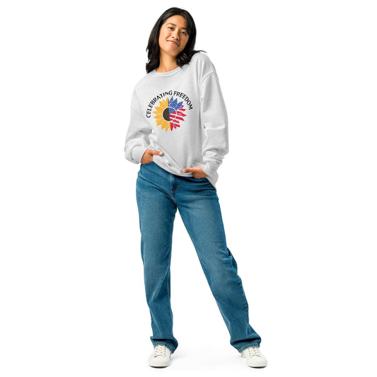 Woman wearing a comfortable crew-neck sweatshirt with graphic design, paired with jeans and sneakers, showcasing a relaxed fit.